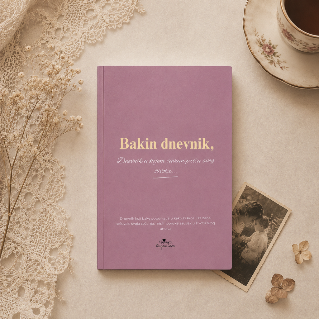 Purple notebook titled 'Bakin dnevnik' on a decorative surface with lace, flowers, and a teacup.